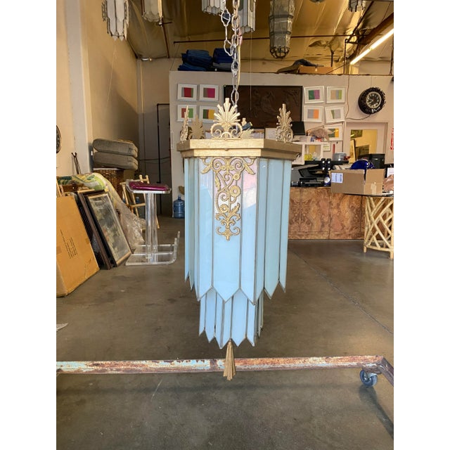 Large Geometric Art Deco Leaded Glass Chandelier W/ Scrolling Top, Available 4 For Sale - Image 11 of 11