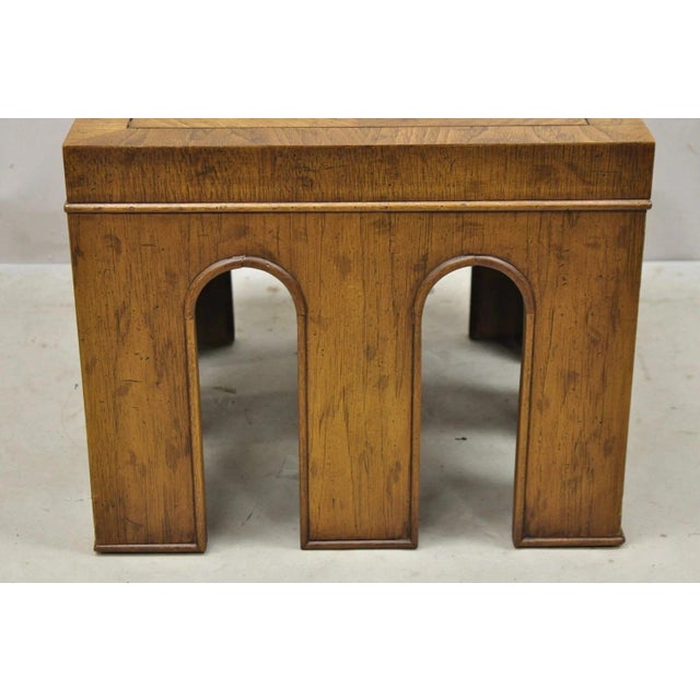 Vintage Drexel Wellington Arched Hollywood Regency Burl Wood Pedestal Side Table For Sale - Image 9 of 11