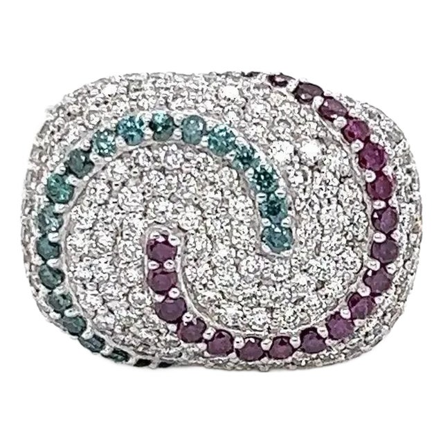 Multi Colored Diamond Swirl 14k White Gold Cocktail Ring, Size 7 For Sale