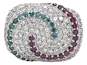 Multi Colored Diamond Swirl 14k White Gold Cocktail Ring, Size 7
