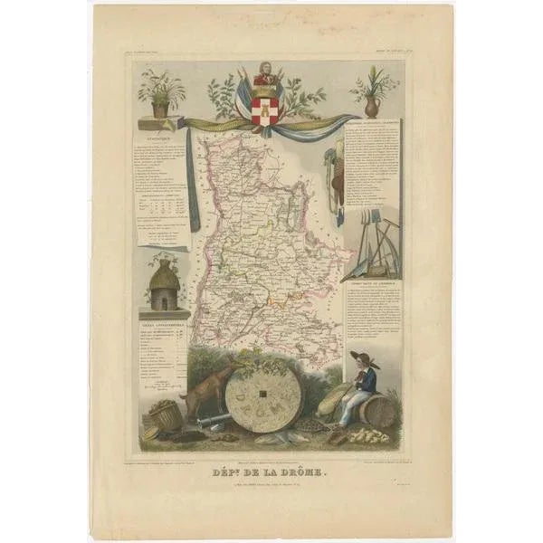 Antique map titled 'Dépt. de la Drôme'. Map of the French department of Drôme, France. This area is known for its...
