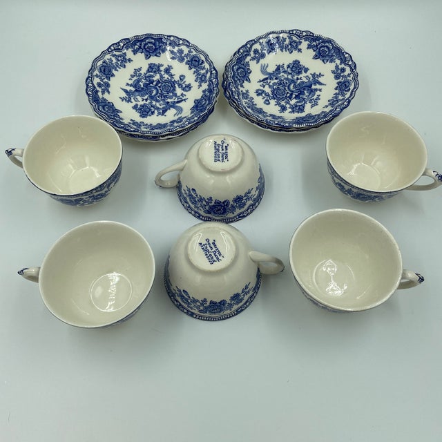 Vintage Crown Ducal Bristol Blue Transferware Teacups & Saucers – Set of 6 | English Chinoiserie China - 12 pcs For Sale - Image 10 of 12