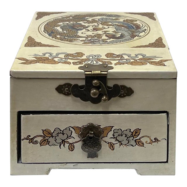 Small Chinese Oriental Off White Dragon Phoenix Mirror Jewelry Box For Sale