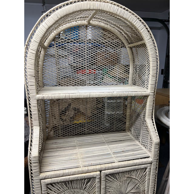 Vintage 1970s Palm Beach Coastal Arched Wicker & Rattan Étagère Hutch Cabinet With Sunburst Doors For Sale - Image 10 of 12