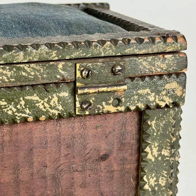 Vintage Painted Tramp / Folk Art Sewing Box With Large Pincushion Top & Red Heart Carving For Sale - Image 14 of 18
