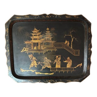 Very Large 19th Century Metal Tole Chinoiserie Black and Gold Tray With Scalloped Edge For Sale