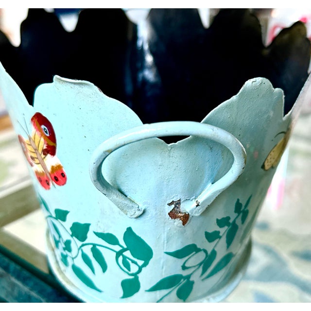 Late 20th Century Vintage Toleware (Tole Ware) Butterfly Cachepot – Teal Hand‑Painted Metal Planter / Jardiniere For Sale - Image 5 of 10