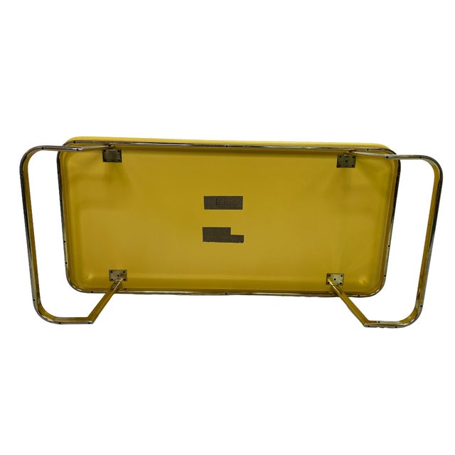 1970s Lane Furniture Lemon Yellow Lacquered Wood Coffee Table With Brass-Tone Metal Base For Sale - Image 9 of 13