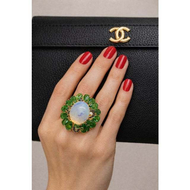 Late 20th Century Bochic “Orient” Vintage Diamond, Emeralds & Fire Opal Ring Set In 18K Gold & Silver For Sale - Image 5 of 11