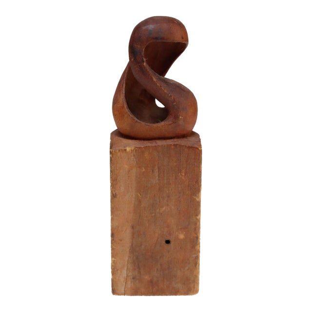 Small Vintage Handcarved Modernist Organic Form Wooden Sculpture on Base Signed For Sale