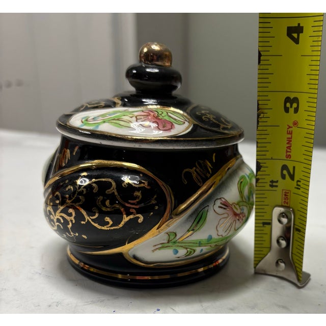 Vintage Mid Century Norleans Hollywood Regency Black & Gold Porcelain Lidded Sugar Bowl Trinket Box , Japan For Sale - Image 9 of 11