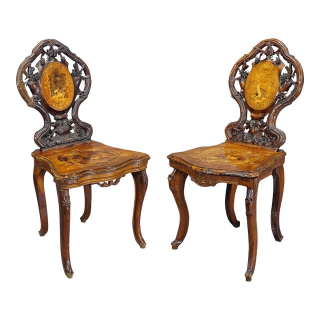 Pair Nutwood Edelweis Marquetry Chairs Swiss Brienz 1900 For Sale
