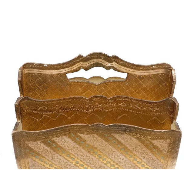 Vintage Italian Florentine magazine rack holder. All authentic and original, it is made of wood and has the wonderful gilt...