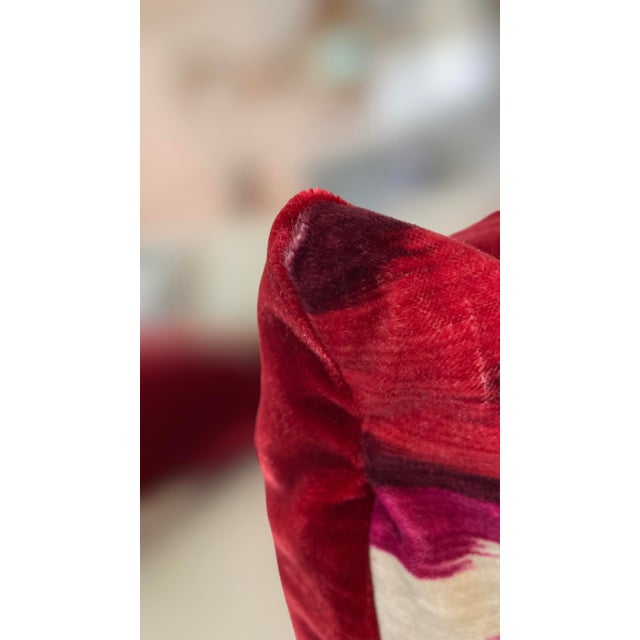 Pair of 22" Custom Schumacher Kashgar Ikat Velvet Pillows Pattern 176102 in Ruby Plum For Sale - Image 16 of 18