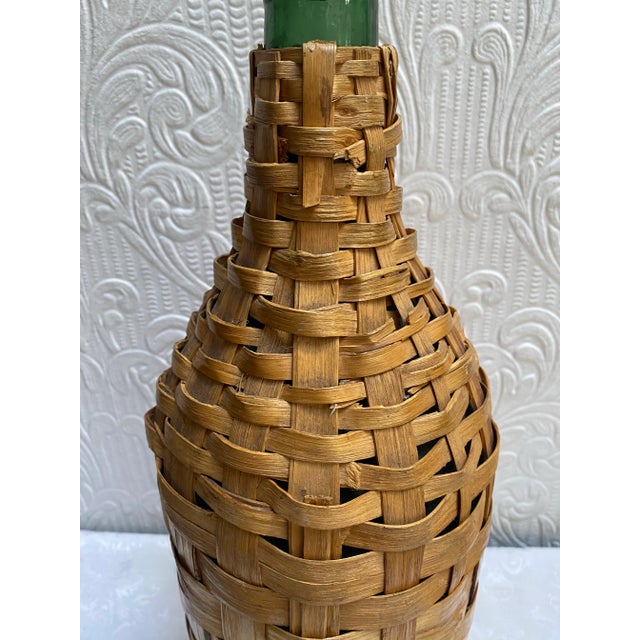 Bottle Green Demijohn Rattan Wrapped Green Wine Bottle Original Tag, Vintage 1951 For Sale - Image 8 of 11