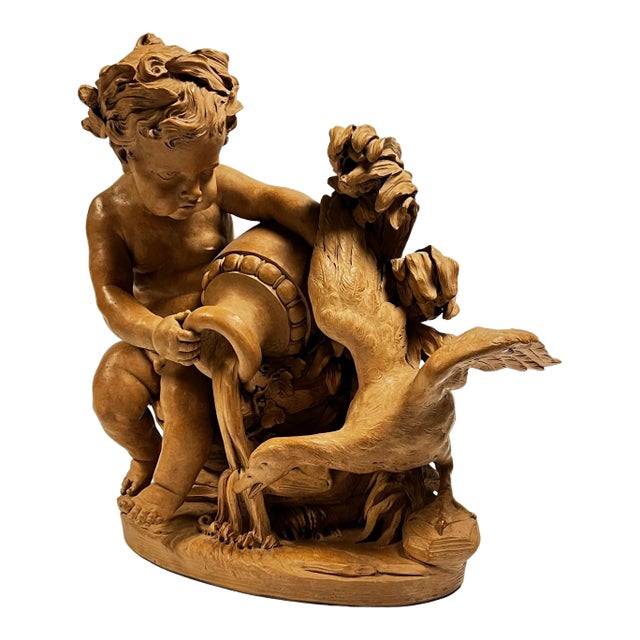 French 19 Century Putto with Swan Terracotta Sculpture in Manner of Clodion For Sale