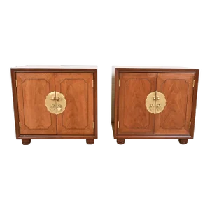 Mid-Century Hollywood Regency Chinoiserie Walnut Bedside Chests Attributed to Henredon, Newly Refinished