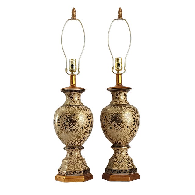 1980s Vintage Hand Painted Ceramic Moorish Table Lamps Restored - A Pair For Sale - Image 5 of 14