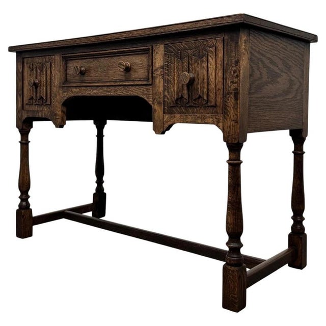 Early 20th Century Antique English Edwardian Oak Writing Desk For Sale - Image 3 of 13