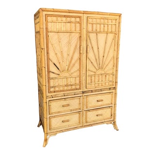 Vintage Rattan Burnt Bamboo Armoire For Sale