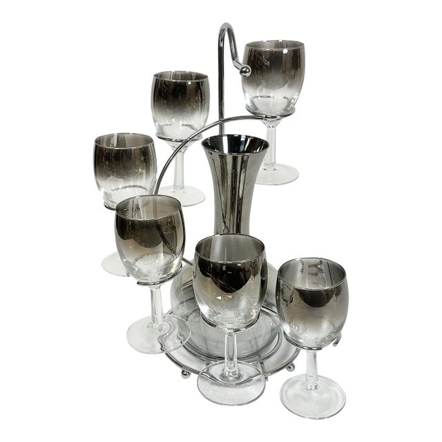 1950s Vintage Hollywood Regency Dorothy Thorpe Attrb. Wine Glasses & Carafe, Stairway Caddy - Set of 8 For Sale