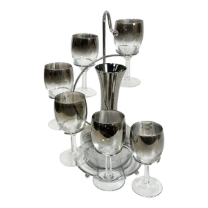 1950s Vintage Hollywood Regency Dorothy Thorpe Attrb. Wine Glasses & Carafe, Stairway Caddy - Set of 8