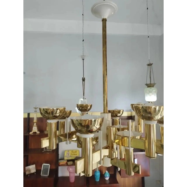 Brass 1960s Mid-Century Modern Brass and White Painted Metal Chandelier For Sale - Image 8 of 11