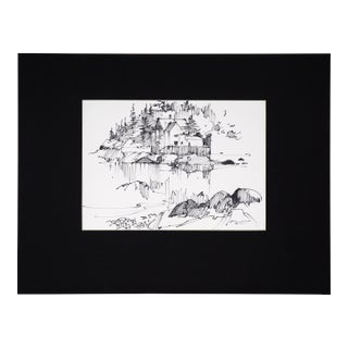 House Across the Lake - Line Drawing Landscape in Ink on Paper by Laurence Sisson For Sale