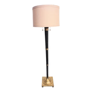 Tall Sleek Modern Wood Brass 2 Light Floor Lamp For Sale