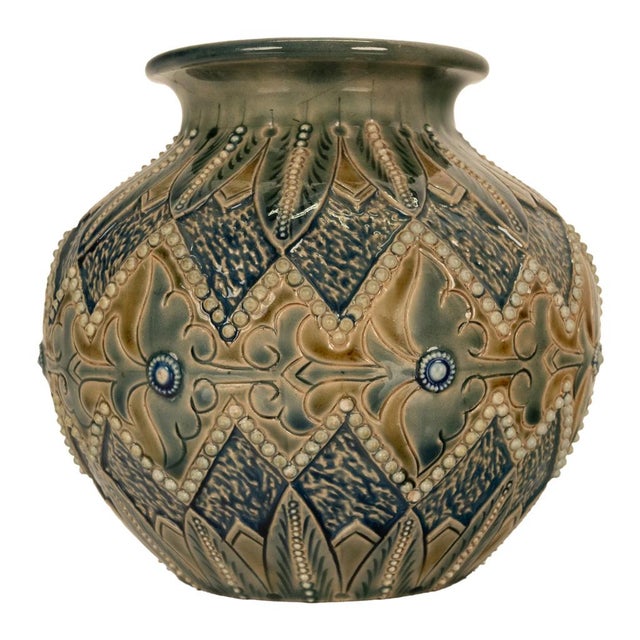 Royal Doulton Antique Aesthetic Movement Doulton Lambeth Stoneware Vase Elizabeth Atkins 1883 For Sale - Image 4 of 13