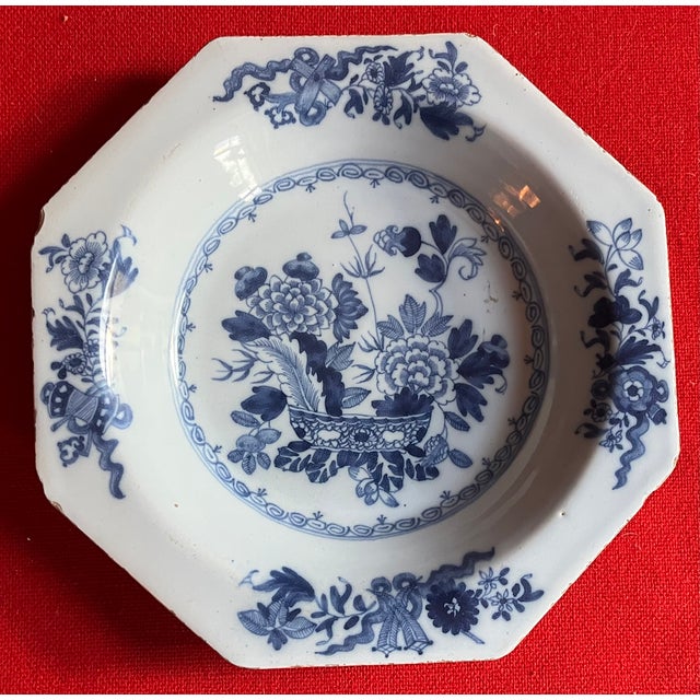 Pair antique 18th century Delft Chinoiserie soup bowls in the Chinese Export style circa 1750. Each decorated with hand...