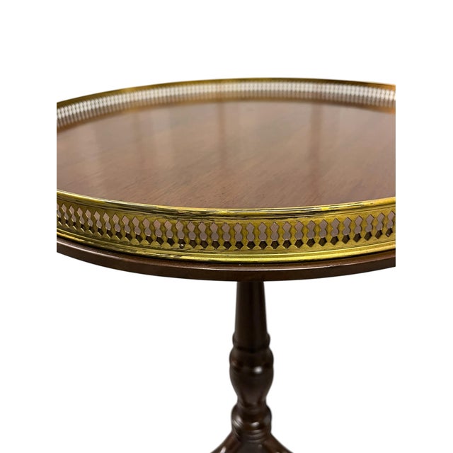Wood Vintage Set of Two Traditional Chippendale-Style Tripod Side Tables With Brass Gallery Tops For Sale - Image 7 of 17