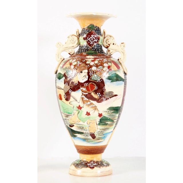 Japanese Antique Meiji Era Japanese Satsuma Handled Vases - a Pair For Sale - Image 3 of 13