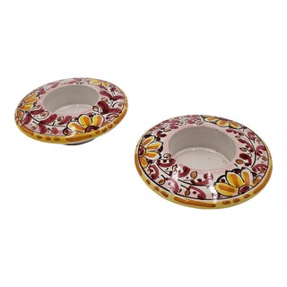 Pair of 1980s Hand-Painted, Pink and Yellow Floral Votive Holders From Italy Signed For Sale
