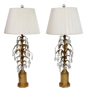 Pair of Italian Tole Lamps With Gilt Leaves and Crystals
