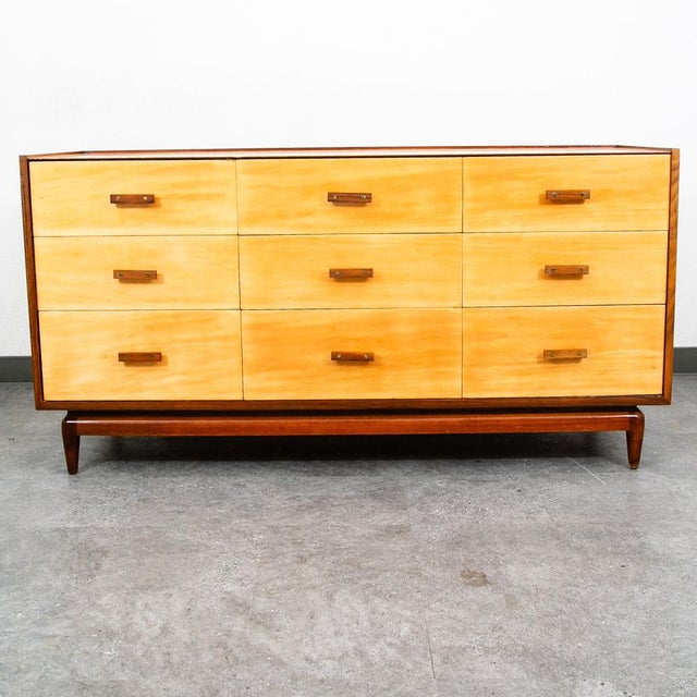 Rare high contrast Italian mid century 9 drawer dresser / Credenza. Solid walnut trim and solid Birch / blonde wood...