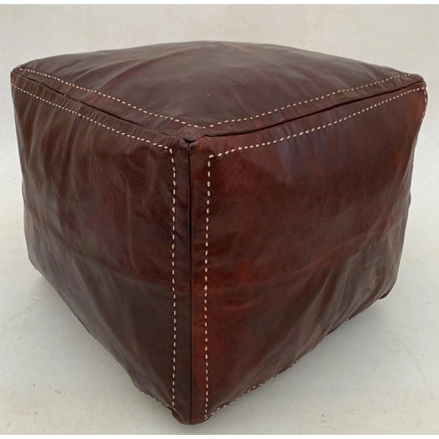 Square Brown Oxblood Red Embroided Moroccan Leather Pouf Cover For Sale - Image 11 of 11