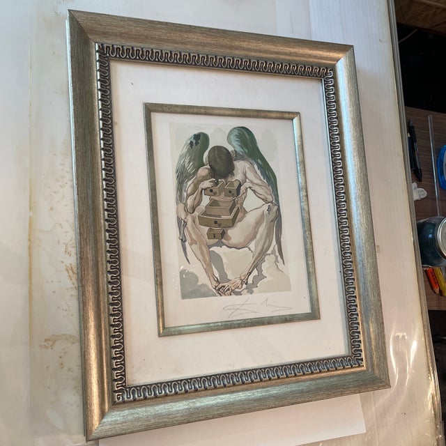 Figurative 1960s “Fallen Angel by Salvador Dali. Hand Signed in Purple as Dali Custom Woodcut, 13 X 10 1/4 In. Print, Framed 22x17 3/4x1 1/2in., 1960 Orig., Fran For Sale - Image 3 of 12