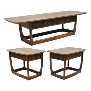 Vintage Mid Century Modern Sculpted Walnut & Laminate Coffee End Table Set 3 Pc For Sale