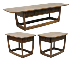 Vintage Mid Century Modern Sculpted Walnut & Laminate Coffee End Table Set 3 Pc