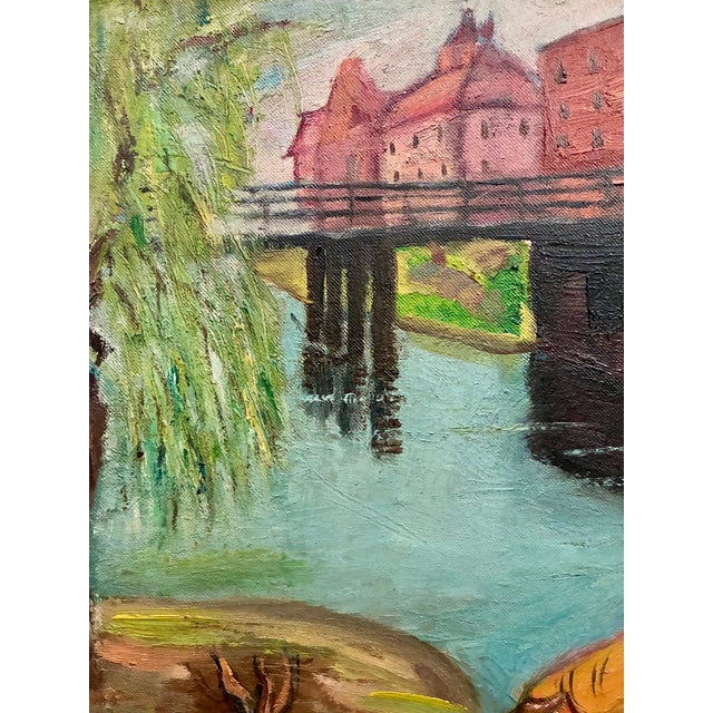 1940s Signed 1930s River Landscape Fine Art Oil Painting / 1930s Small Townscape Wall Art For Sale - Image 5 of 10