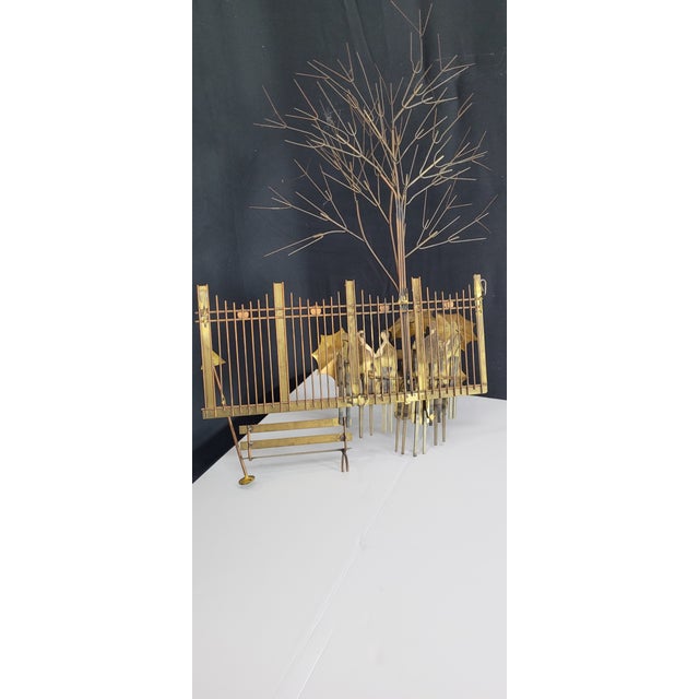 Brass 1970s Brutalist Brass Wall Sculpture — Rainy Day Bus Stop Scene, Tree & Umbrella Figures, Jere Style For Sale - Image 8 of 11