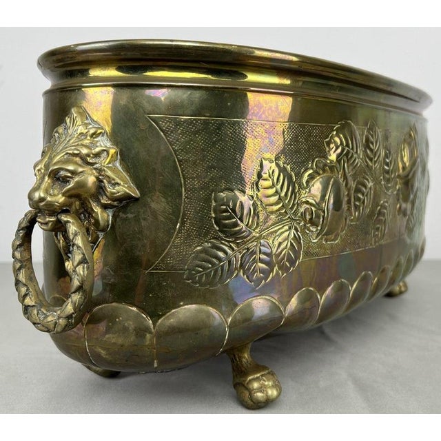 Gold Vintage Brass Footed Planter with Floral Lion Handles For Sale - Image 8 of 18