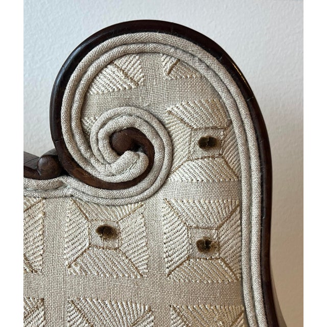 Beige Antique Scroll-Crest Upholstered Armchair in Mahogany Frame For Sale - Image 8 of 10