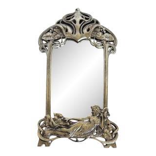 Vintage Art Nouveau Style Figural Lady Silver Finish Table or Wall Mirror For Sale