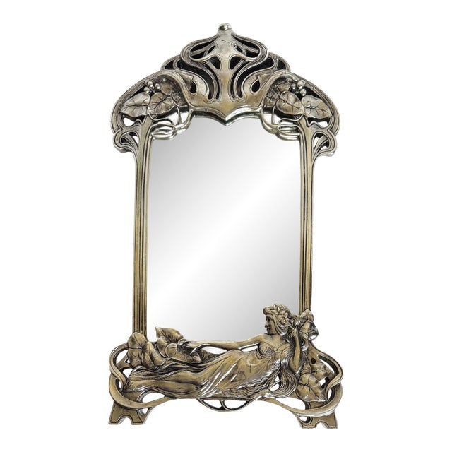 Vintage Art Nouveau Style Figural Lady Silver Finish Table or Wall Mirror For Sale