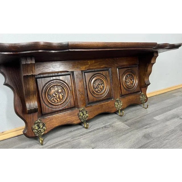 Vintage French Carved Oak Coat Rack with 4 Brass Hooks For Sale - Image 5 of 9