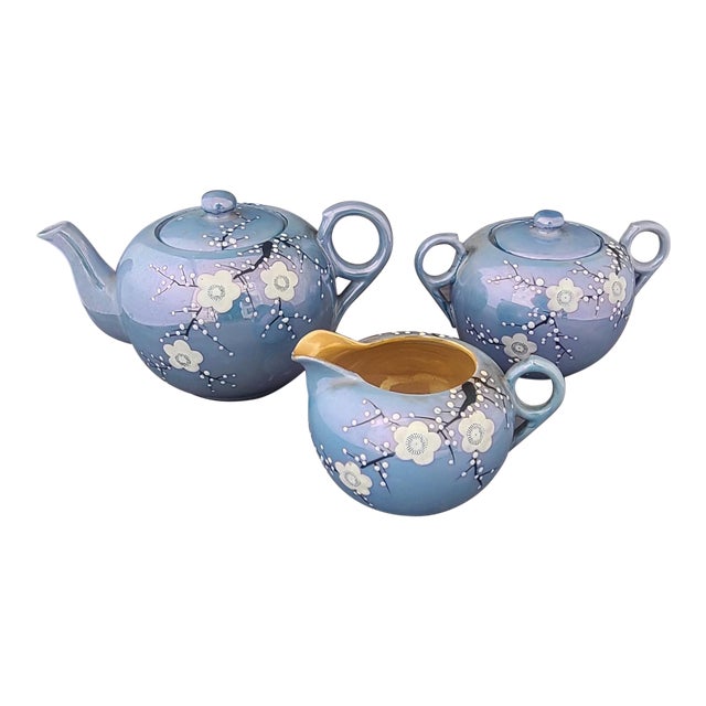 1950s Porcelain Blue Cherry Blossom Pattern Japanese Lusterware Tea