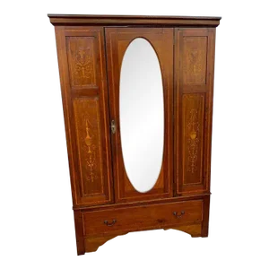 Antique English Edwardian Style Marquetry Inlaid Mahogany Wardrobe With Mirror , 19th Century