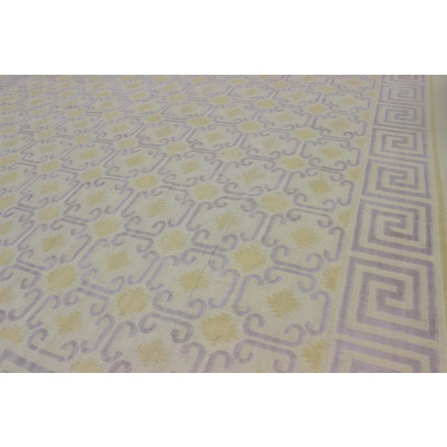 Mid 20th Century Large Vintage Indian Cotton Dhurrie Rug in Buttery Yellow and Light Lavender For Sale In Atlanta - Image 6 of 8